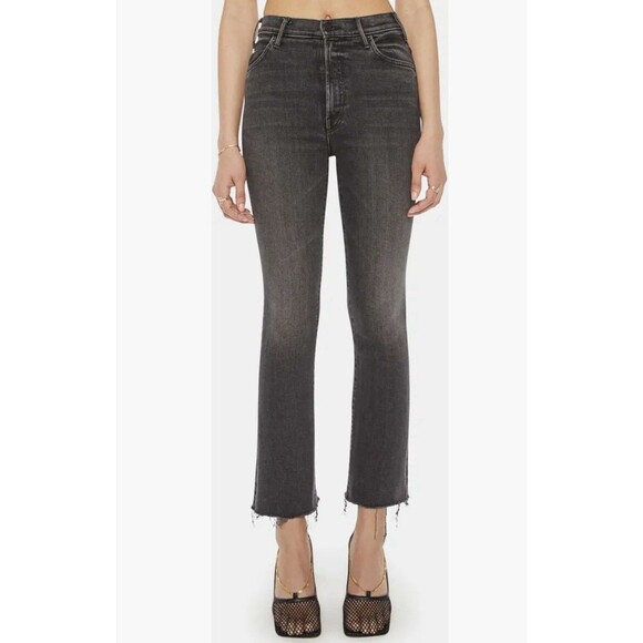MOTHER The Hustler High Waist Fray Hem Ankle Bootcut Jeans Washed Black Size 31